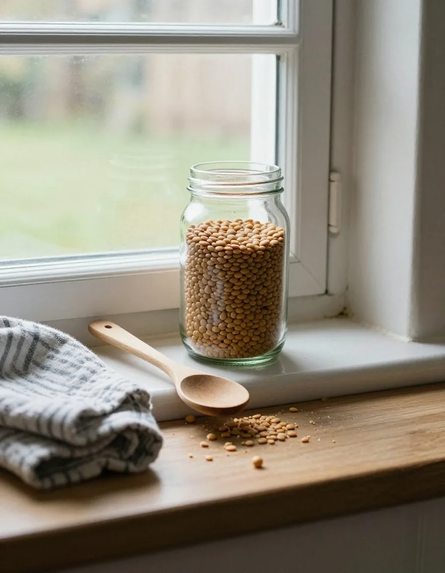 An open kitchen notebook on a wooden table beside a glass storage jar and a folded cloth in afternoon light