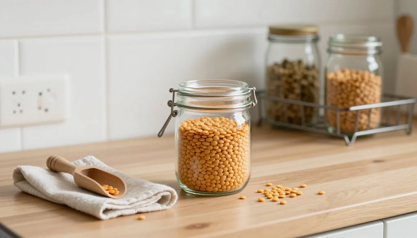 An overhead view of a kitchen worktop with a glass jar being filled with lentils, a scoop, and a stack of empty jars