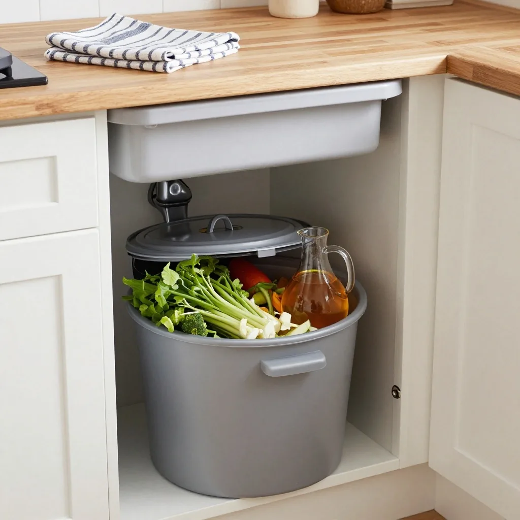 A bokashi bucket under a kitchen sink beside a bowl of vegetable scraps