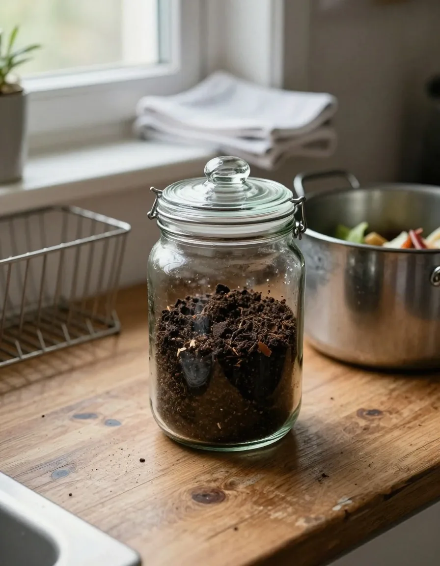 A glass jar of finished compost on a wooden kitchen counter next to a small caddy of vegetable peelings