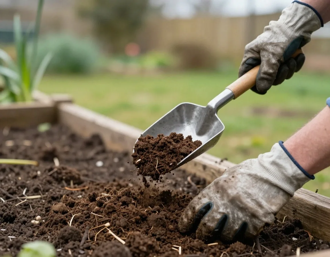 Hands tipping dark crumbly compost from a metal scoop onto a raised garden bed