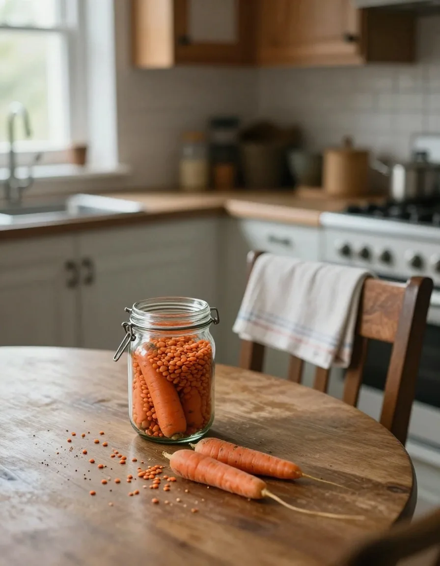 A ruled notebook open on a kitchen table beside a jar, tea towels and a cloth produce bag in afternoon window light