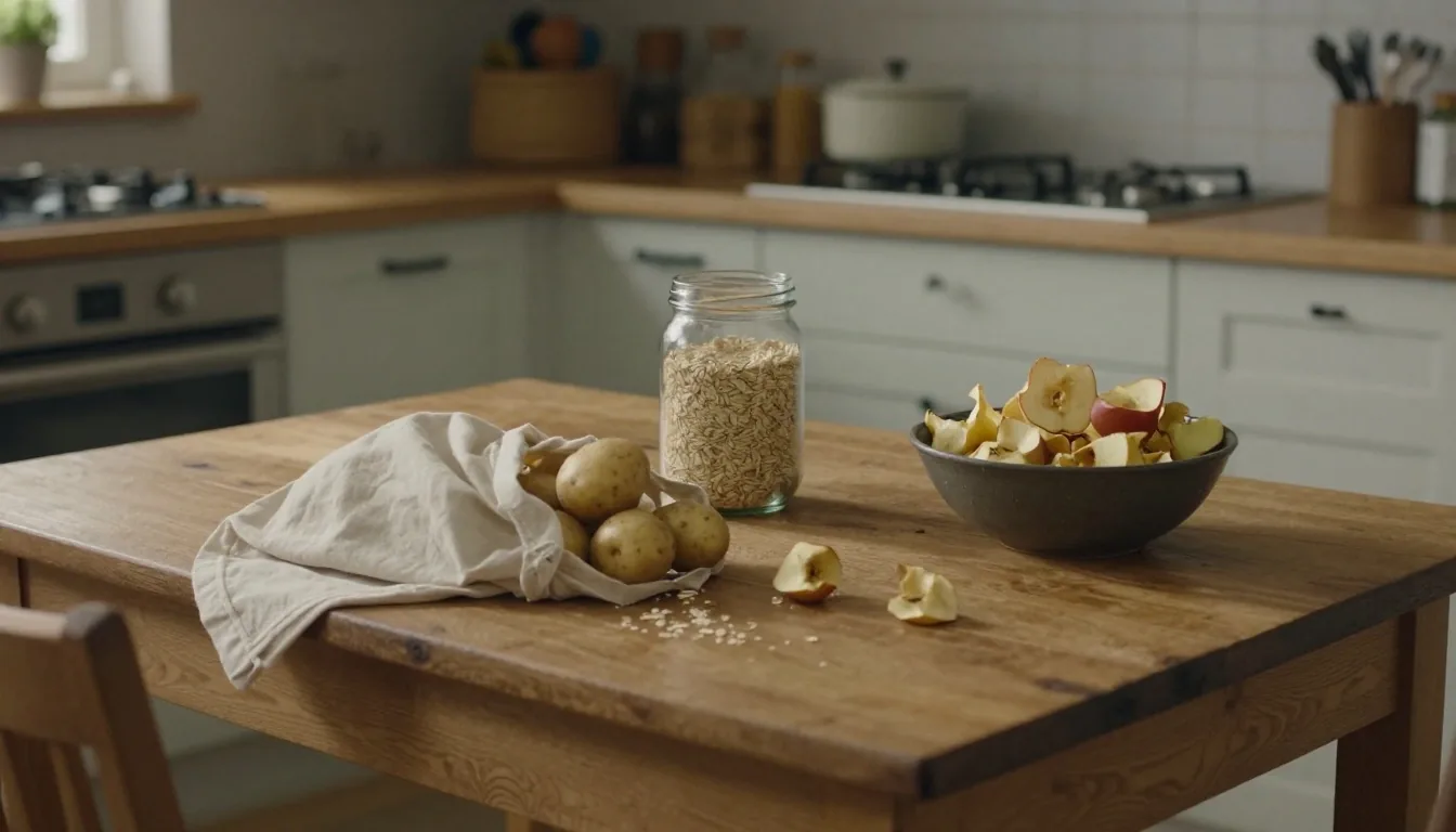 A quiet kitchen at rest with glass storage jars on a shelf, vegetable peelings set aside for composting and a basket of loose produce