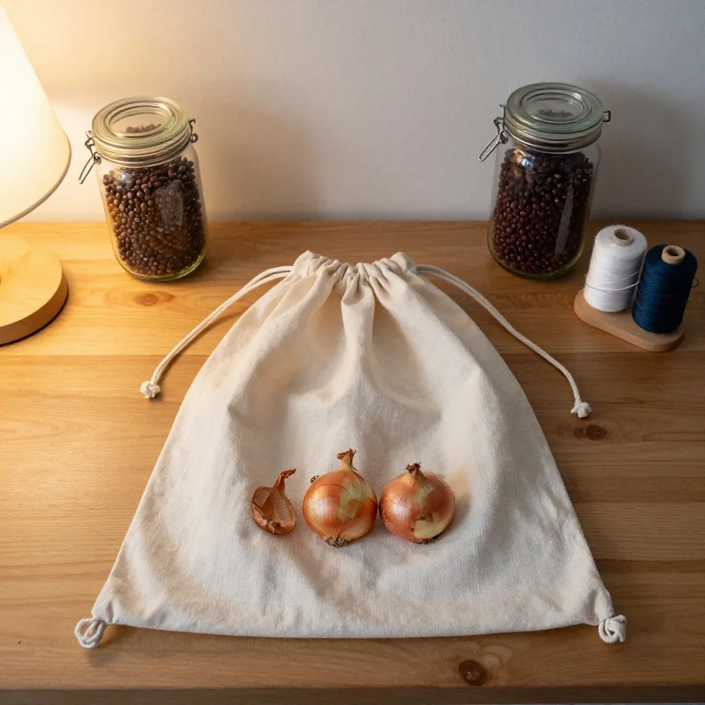 Reused glass jars relabelled for dry goods beside a cotton shirt resewn into a drawstring produce bag, with needle and thread on a kitchen worktop