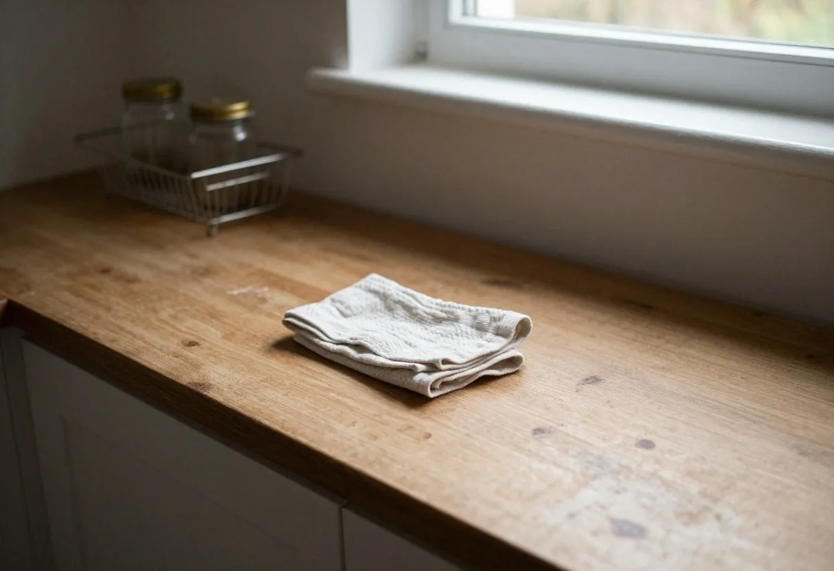 A wiped kitchen counter at the end of the afternoon with a cloth resting on it