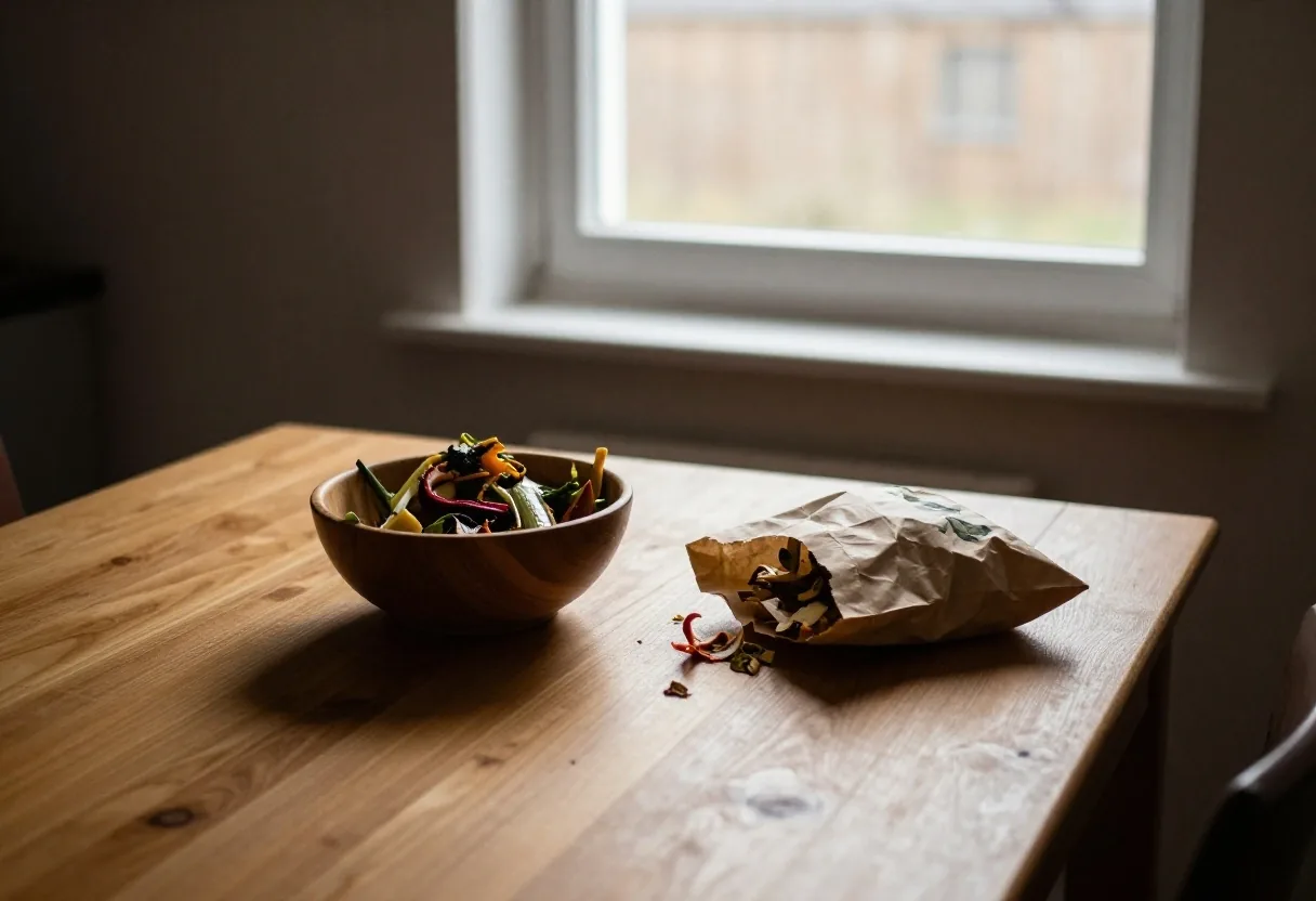An open household notebook on a kitchen table beside a bowl of vegetable scraps