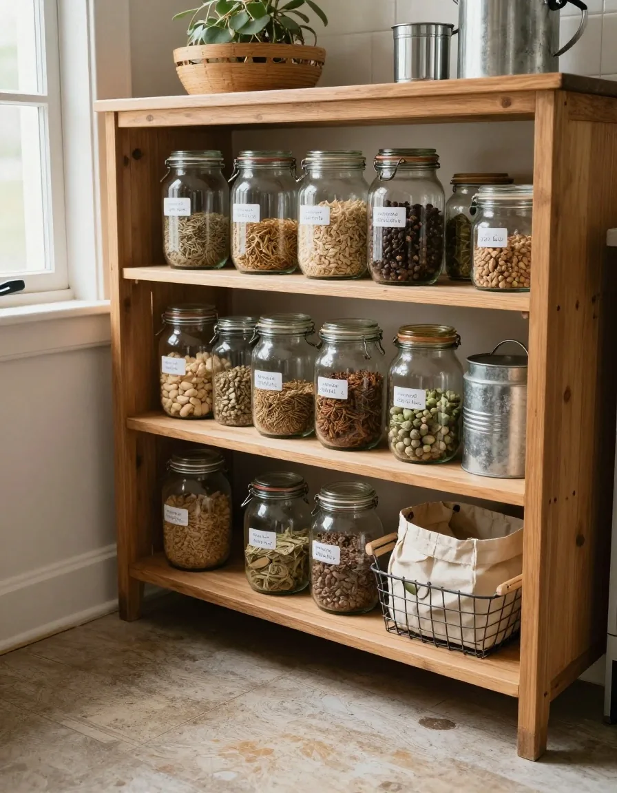 Jars, cloth and reused containers lined up on a kitchen counter in afternoon light