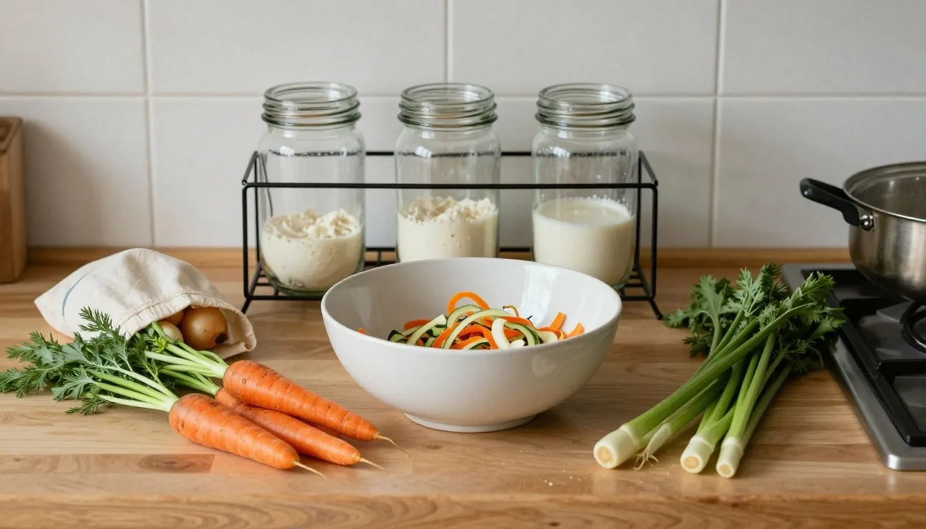 A kitchen worktop mid-task with vegetable peelings in a bowl, glass jars drying on a rack and a cloth bag of loose produce nearby