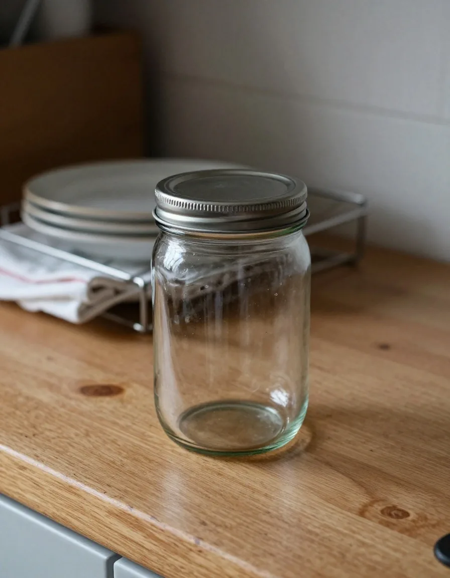 A single glass jar with a lid standing on a well-used wooden kitchen counter, dish rack softly out of focus behind it