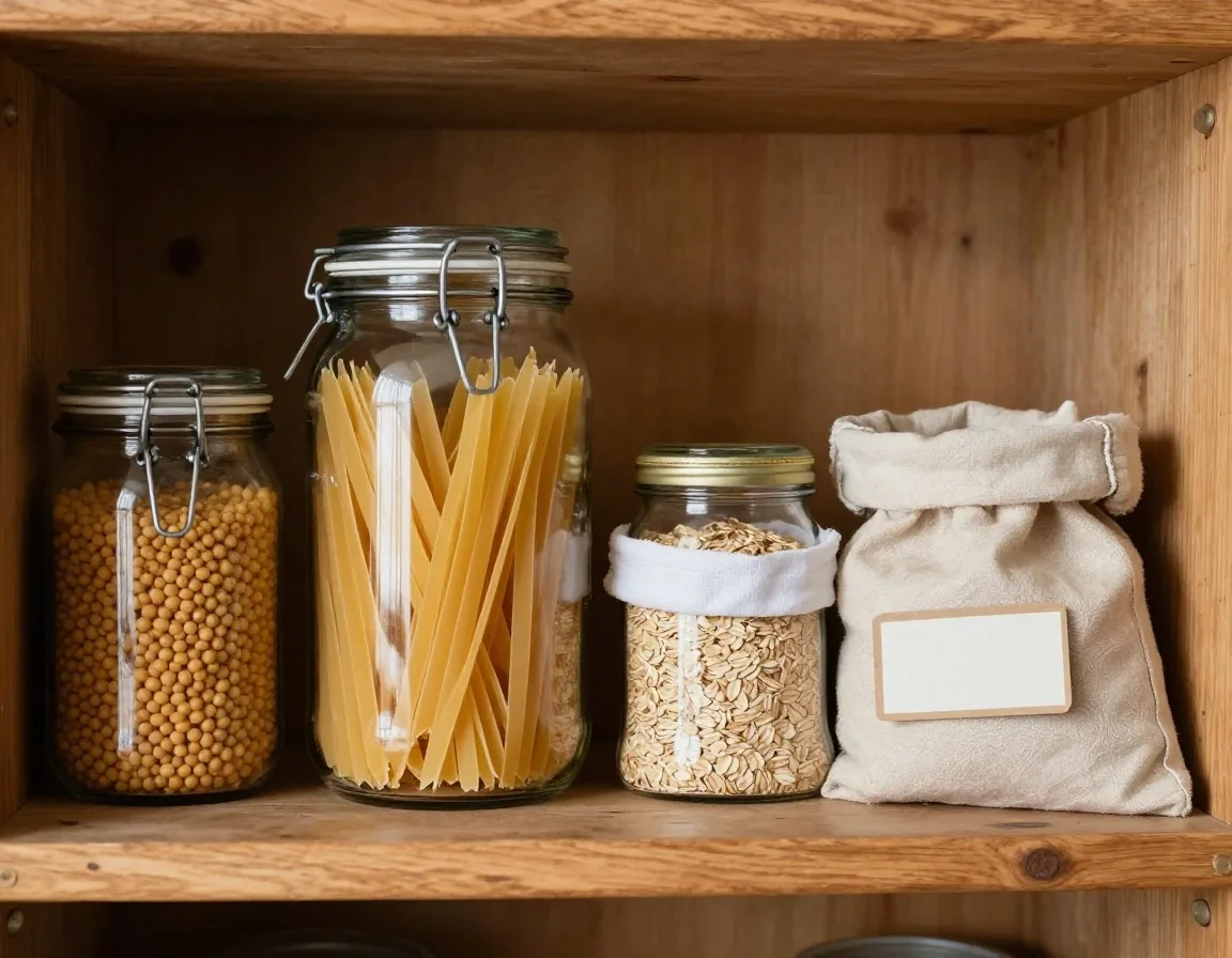 A large glass jar of dried pasta and pulses on an open pantry shelf beside a cloth bag of loose oats