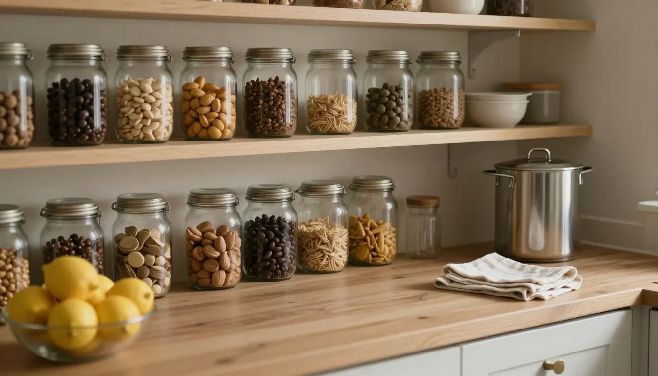 A small kitchen shelf lined with refilled glass jars and a stainless steel container on the counter