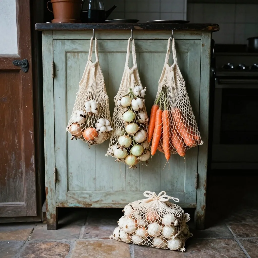A reusable cotton produce bag filled with loose onions next to folded mesh bags