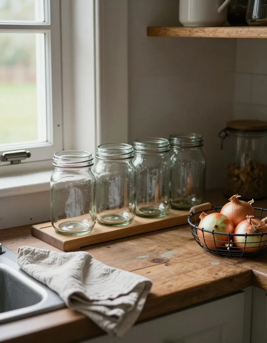 A row of clean glass jars and folded cloths waiting on a sunlit kitchen worktop