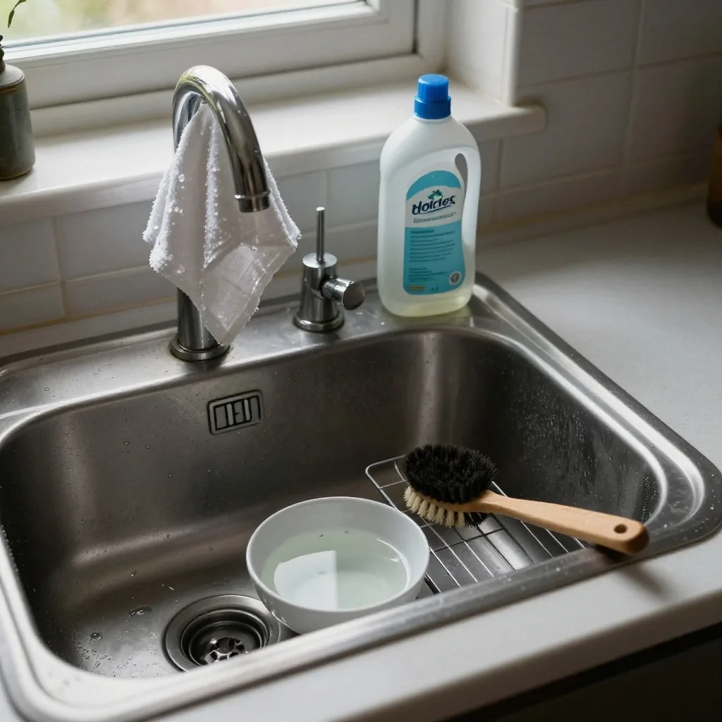 Folded cotton cleaning cloths and a reused glass spray bottle on a scrubbed kitchen table