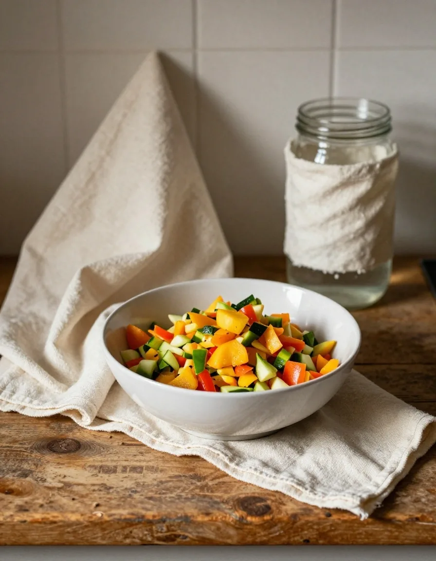 Hands folding a waxed cotton wrap over a bowl of chopped vegetables on a kitchen counter