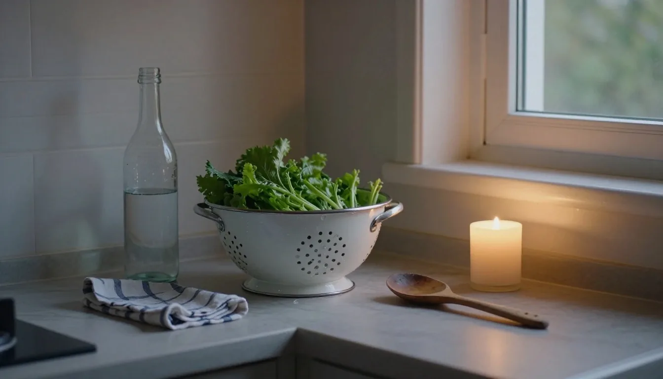 A kitchen counter with an open notebook resting on it, lit by late-afternoon window light