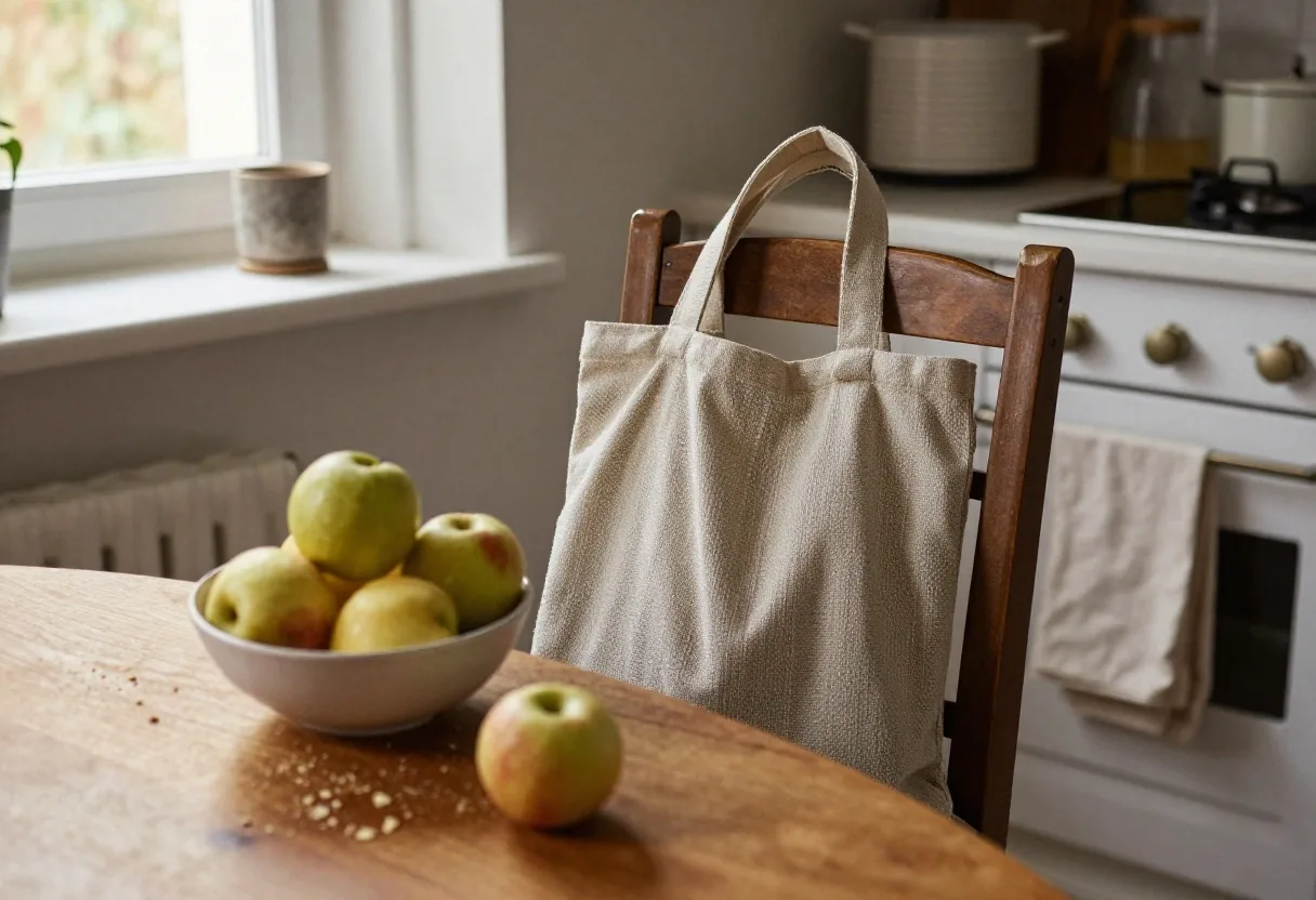 A reusable cotton produce bag open on a kitchen table with loose apples and a folded tote beside it