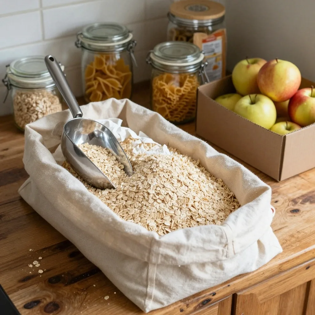 A kitchen counter set up for a bulk shop: a scoop resting in a cloth sack of oats, clean glass jars ready for decanting, and loose produce in reusable bags