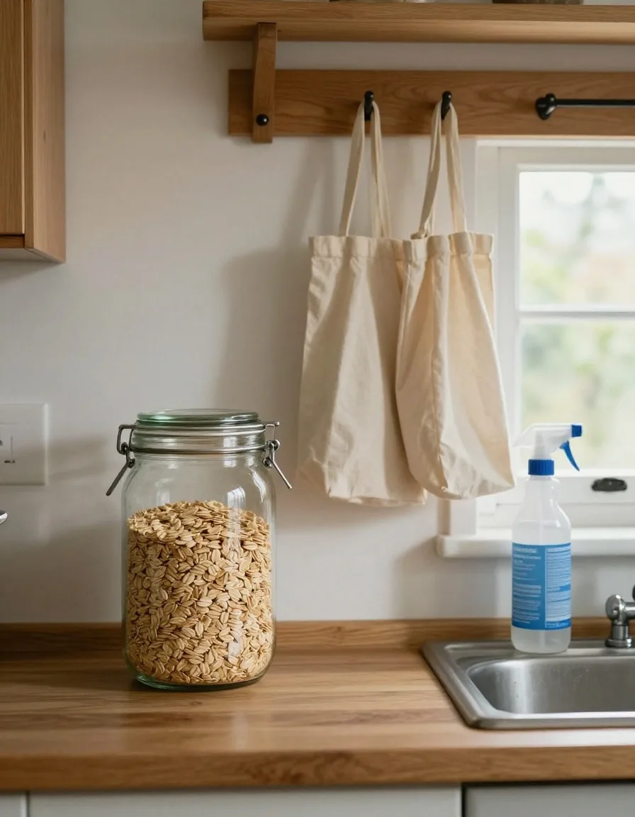 A calm kitchen at day's end with a jar of oats on the counter, reusable bags on a door hook, and a refillable spray bottle by the sink