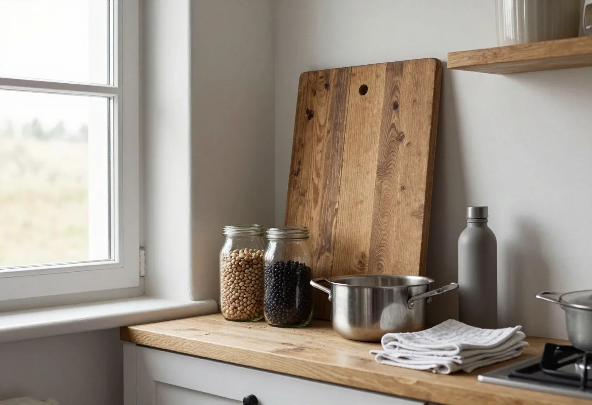 An open kitchen cupboard holding the working essentials: a stainless steel pan, glass storage jars of rice and pasta, a wooden board, folded cotton cloths, and a refillable cleaning spray