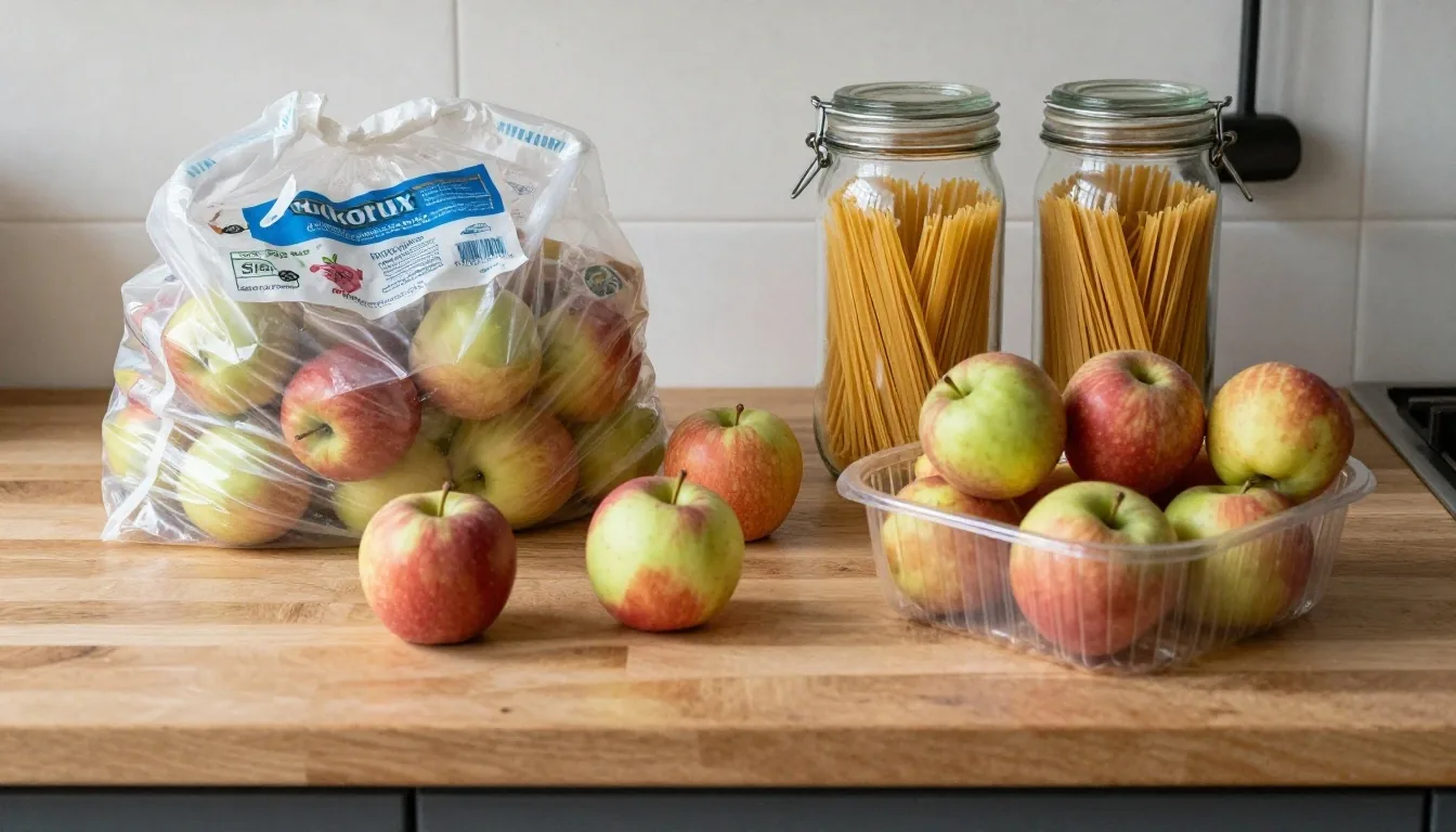 Two packaged versions of the same food item side by side on a kitchen table, one in a card box and one in a plastic tray and film