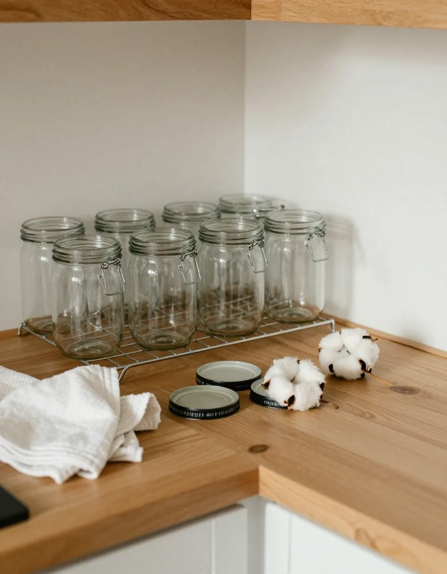 Clean glass jars and their lids drying on a wooden kitchen worktop in afternoon light