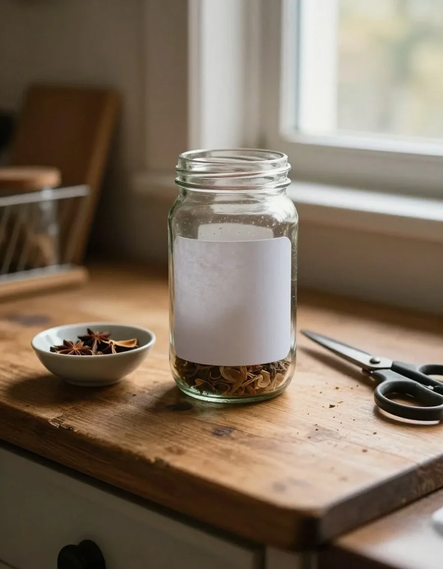 A clean glass jar with its label removed standing on a wooden kitchen worktop beside scissors and a bowl of dried spices, lit by late-afternoon window light