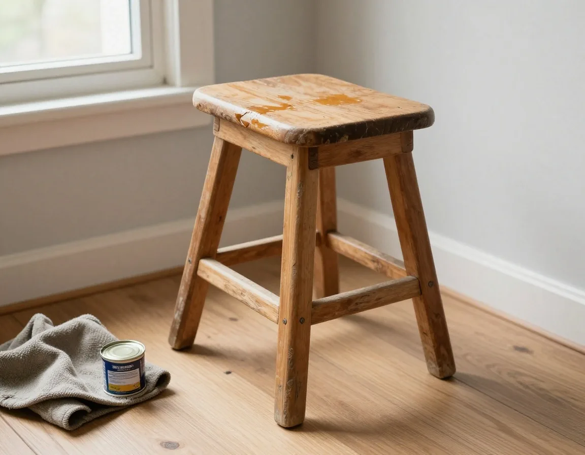 A small wooden stool after sanding and oiling on floorboards, with a rag and a tin of oil beside it