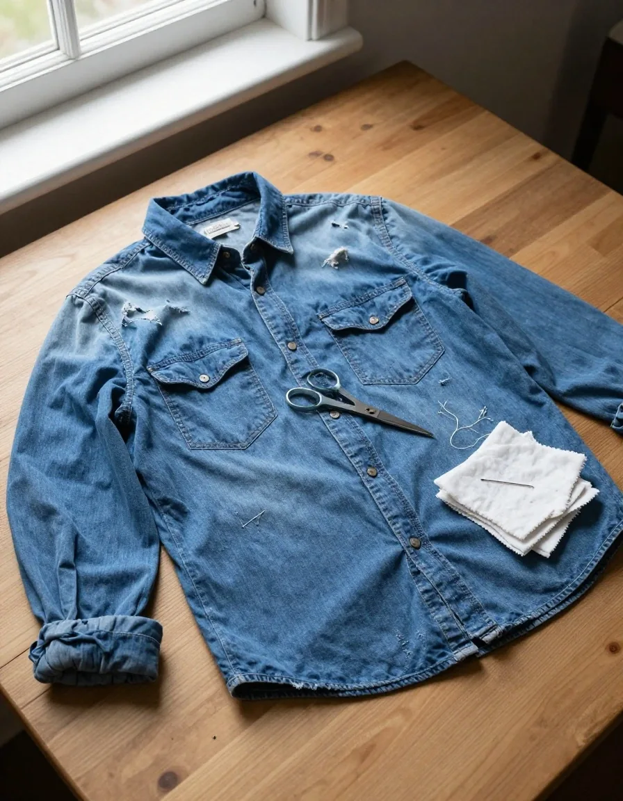 A worn denim shirt being cut into patches on a table, with folded cotton scraps and a needle and thread beside it