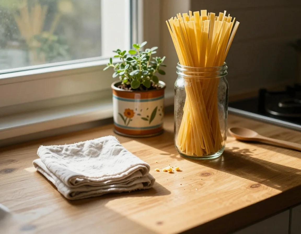 A kitchen worktop with a refilled jar of dried pasta, a painted tin plant pot and a stack of folded fabric cloths in late-afternoon light