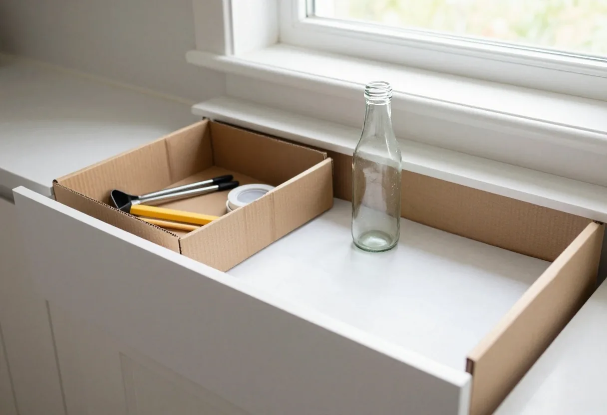 An organised kitchen drawer using reused containers, a cut-down cardboard box for small tools and a rinsed glass bottle