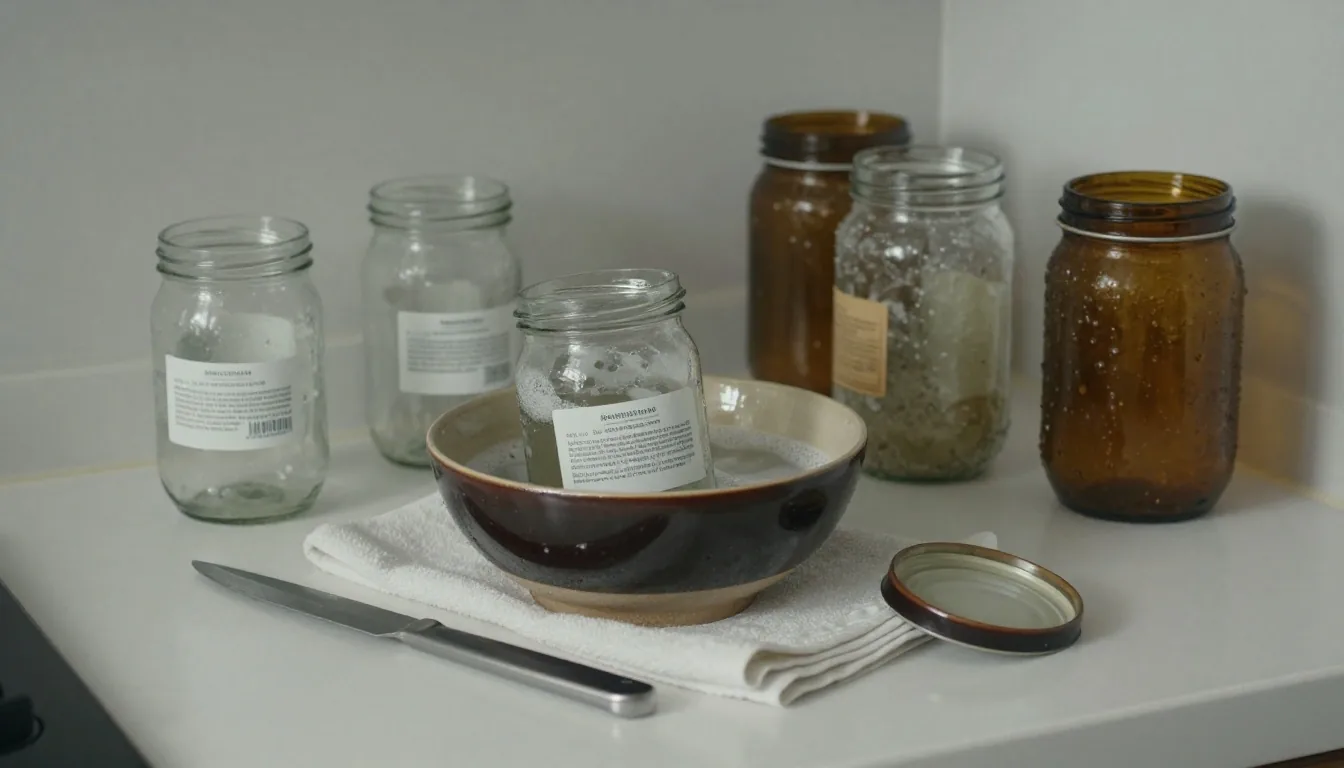 Several empty glass jars lined up on linen beside a bowl of warm soapy water where a label is being lifted off
