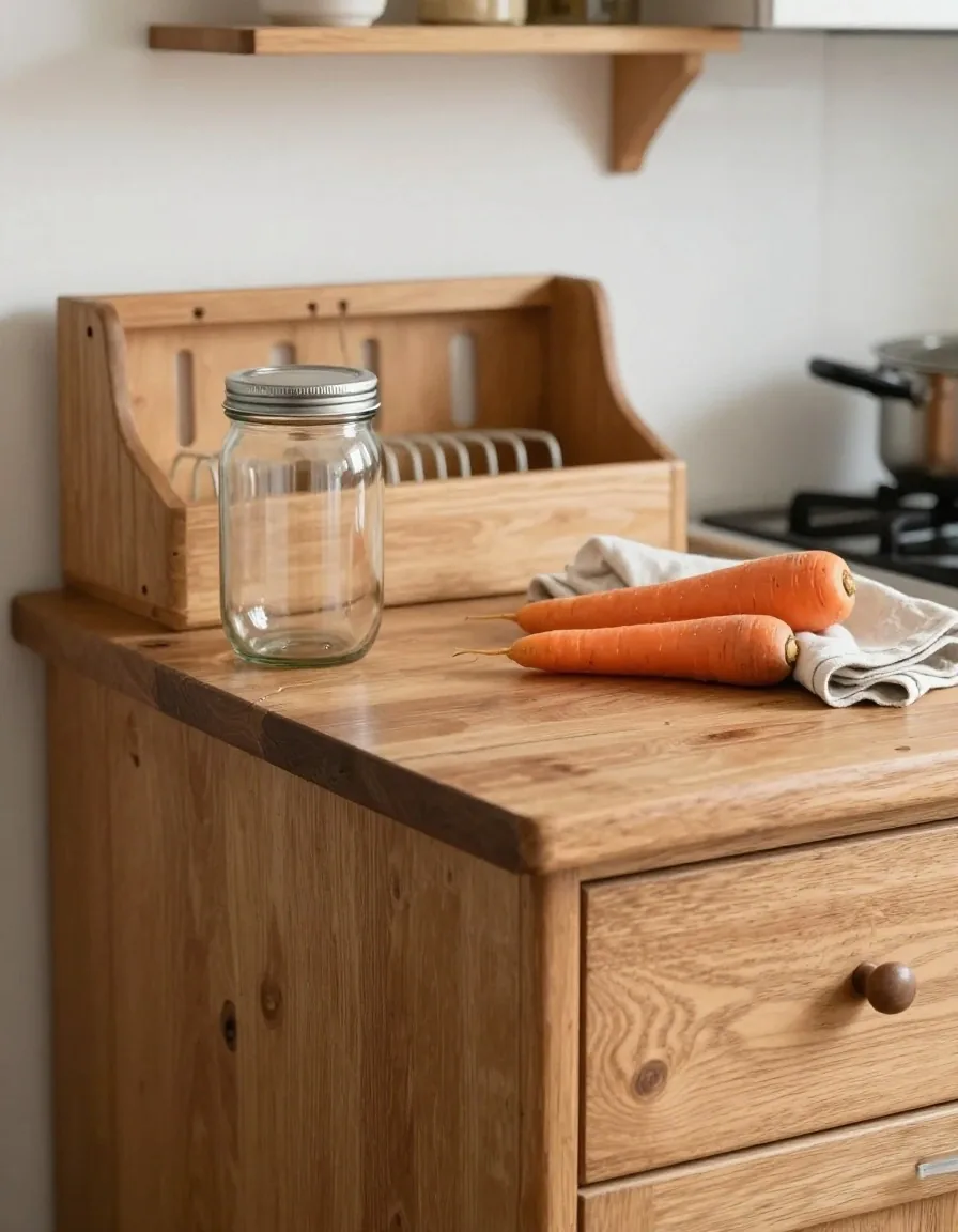A glass jar with a metal lid on a wooden kitchen counter, with a dish rack blurred behind it in afternoon light
