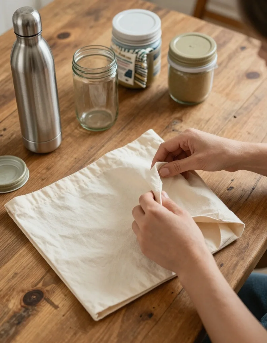 Hands folding a plain cotton tote bag on a wooden table beside a steel water bottle and two empty glass jars