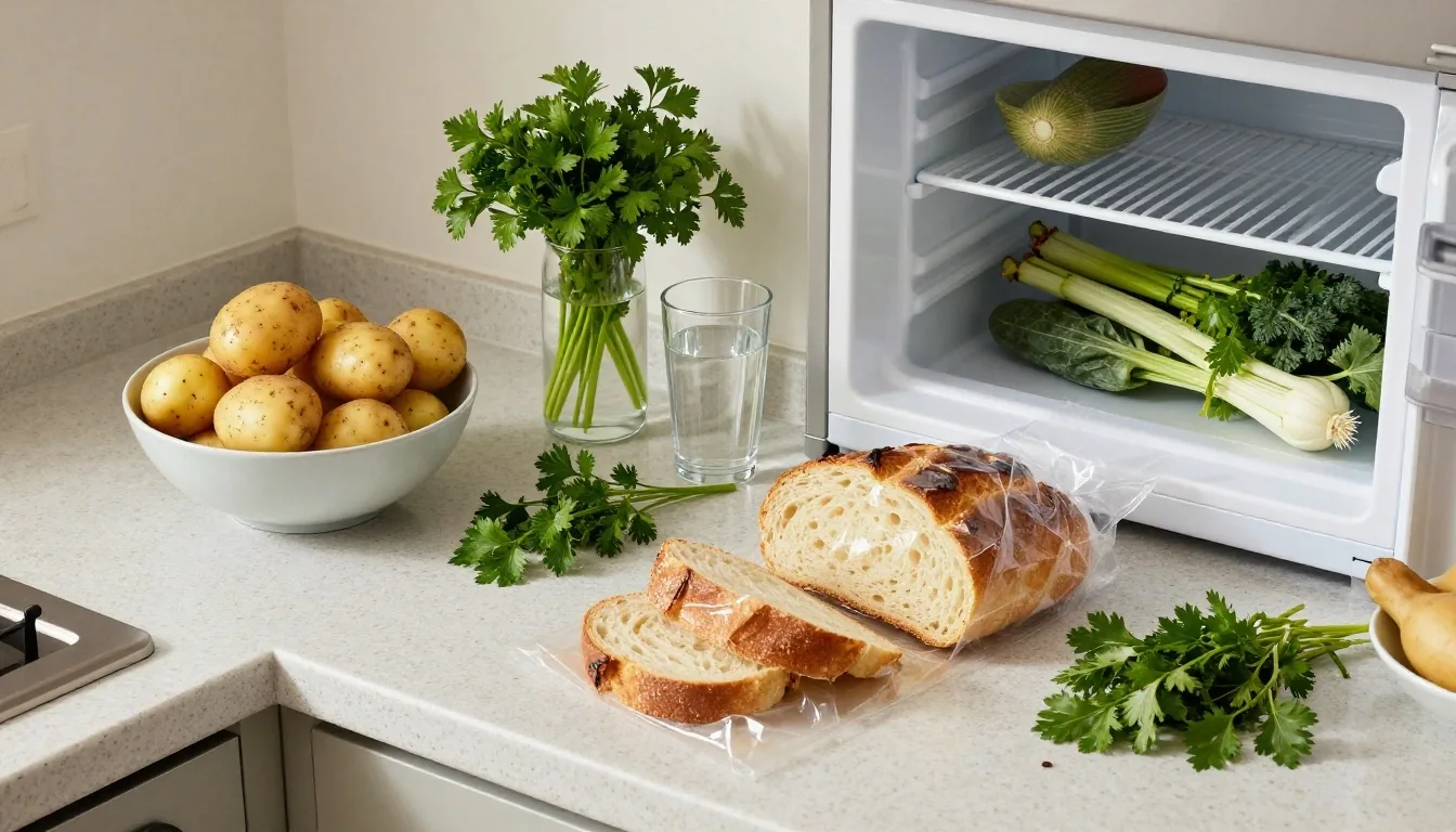 Overhead view of a kitchen worktop with potatoes, bread being frozen, herbs in a glass of water, and an open fridge with older vegetables at the front